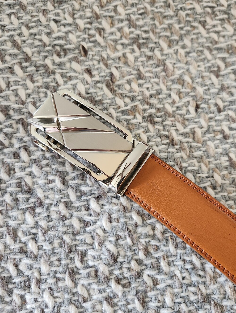 Men's Cognac Ratchet Belt with Polished Silver Geometric Buckle